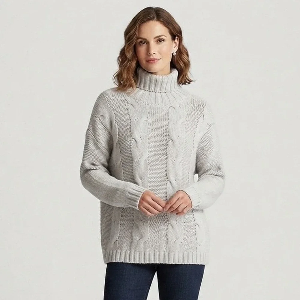 Premise Womens XL Beige Cable Knit Turtleneck Sweater Old Money Academia NWTs
